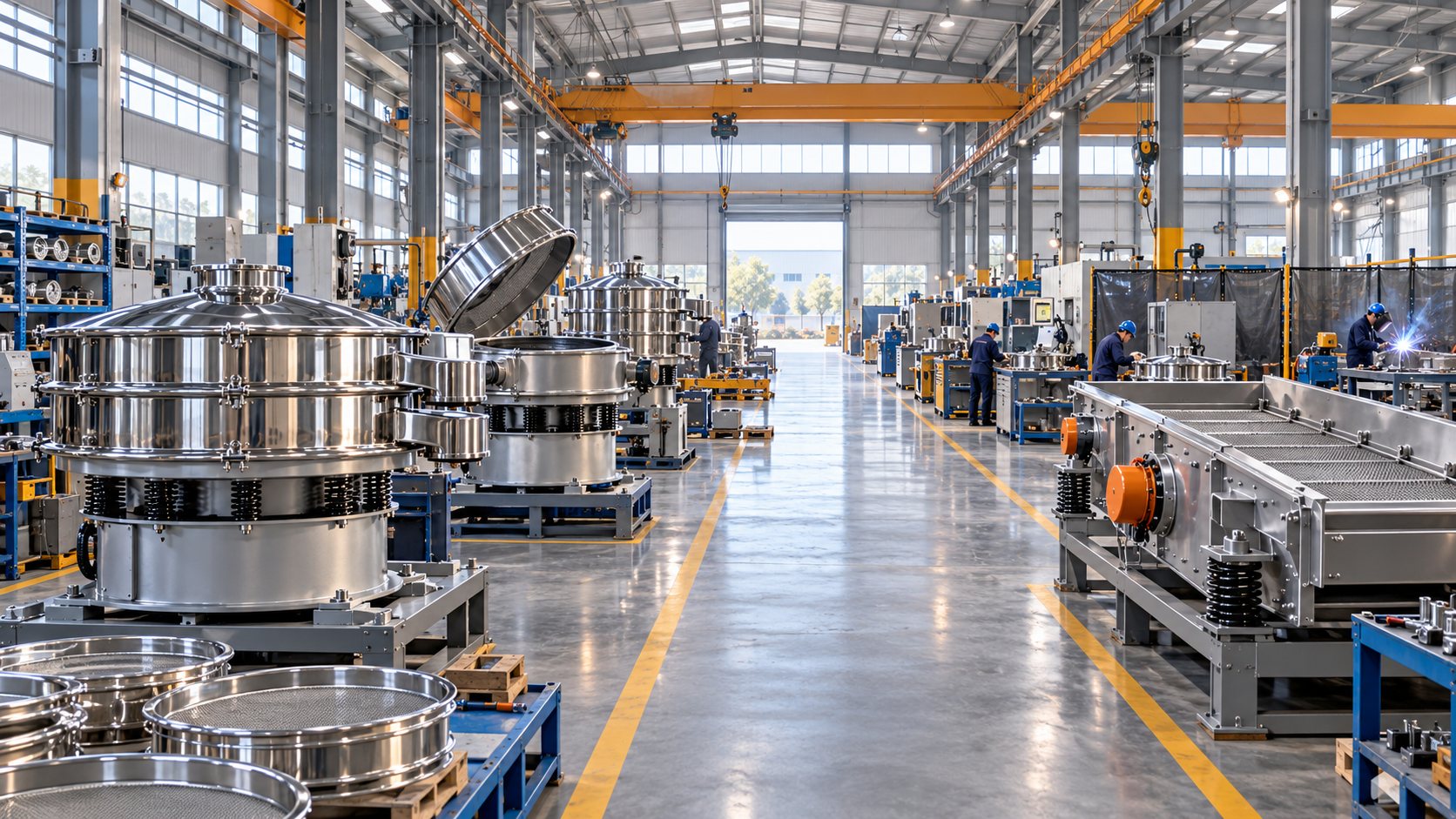 Wide view of a screening-machine workshop with machines at different assembly stages