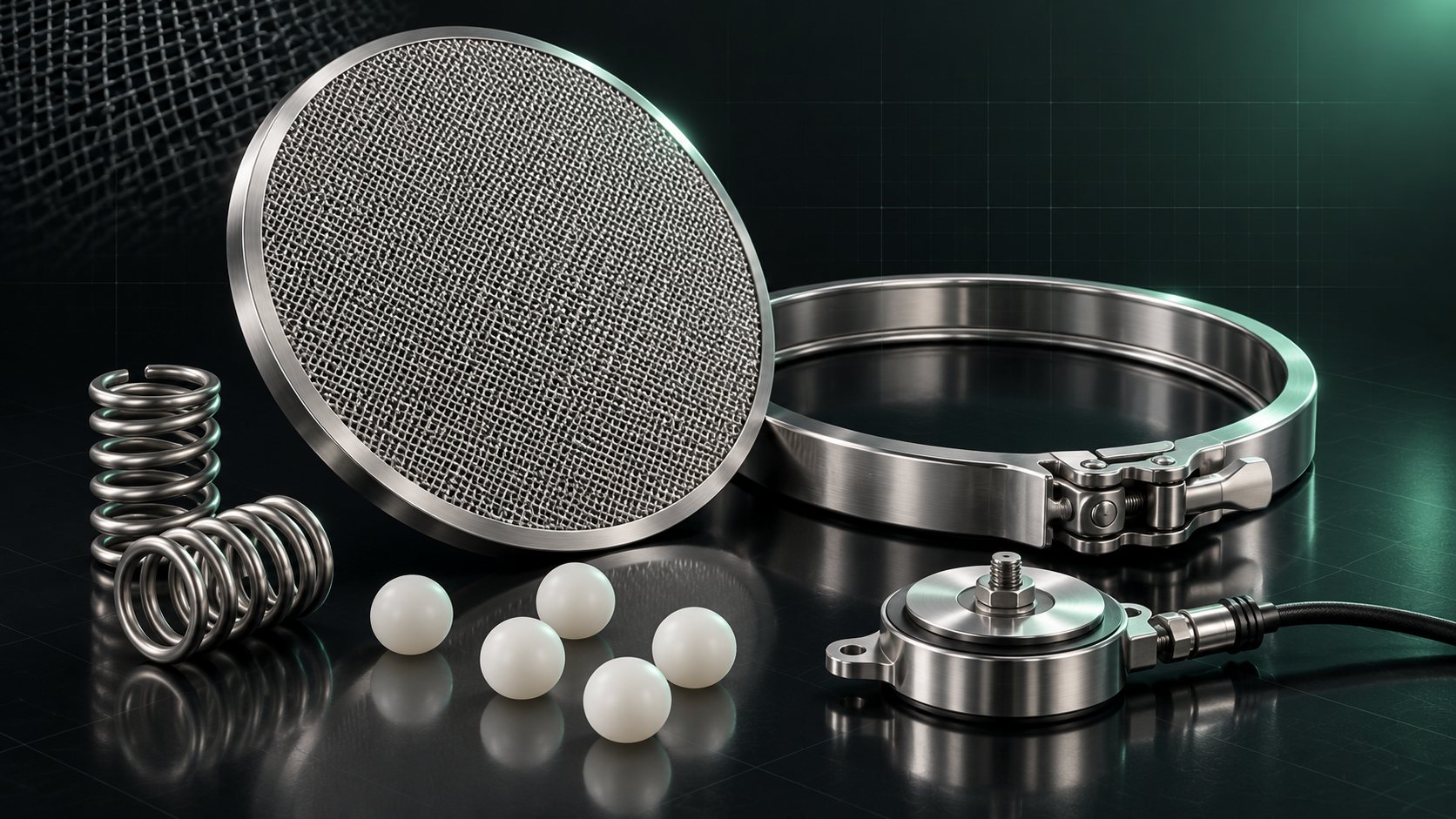 Spare-parts family — mesh disc, clamp ring, springs, bouncing balls and ultrasonic transducer