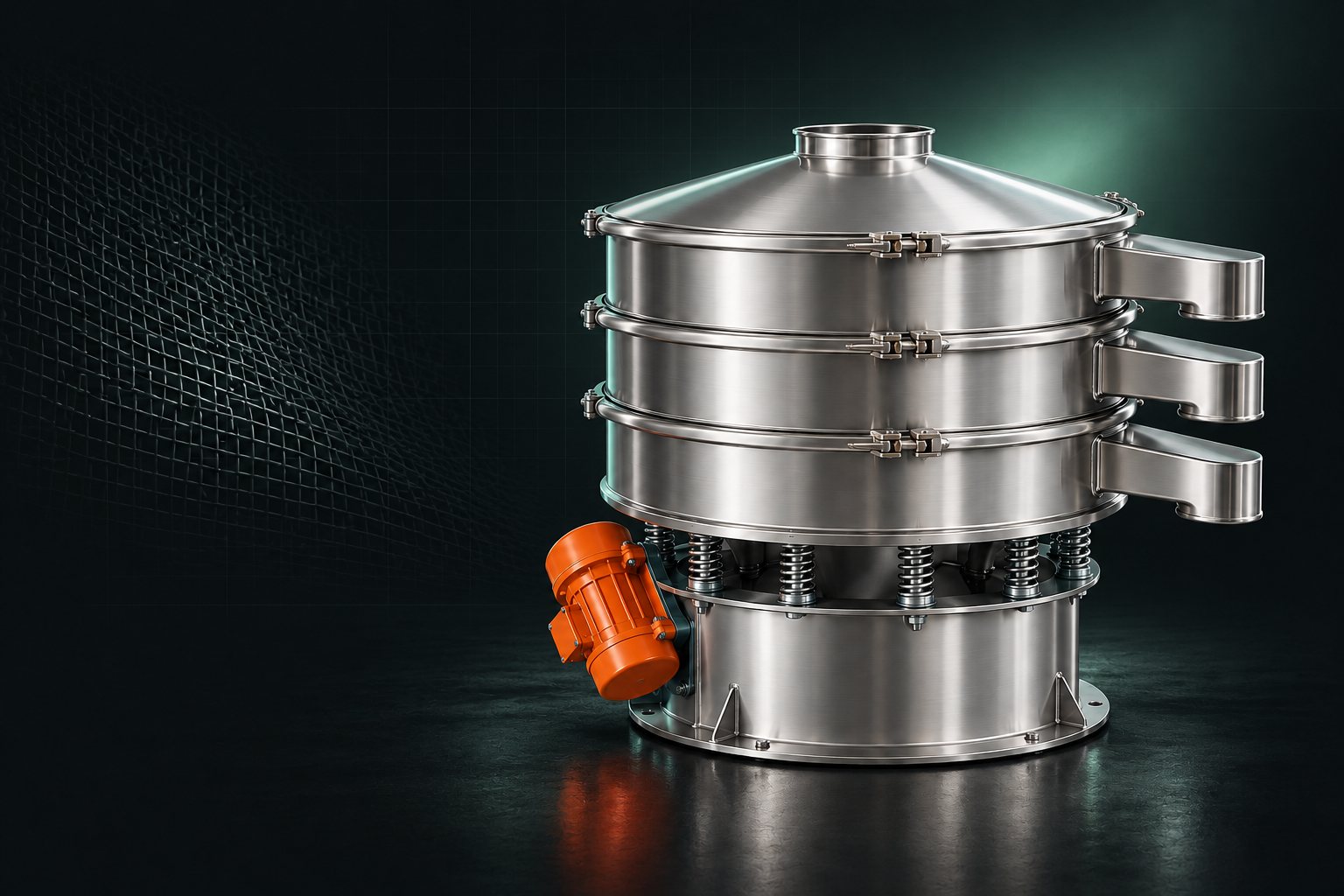 XZS rotary vibrating sieve — three-deck stainless steel machine with domed inlet, side discharge spouts and vertical vibration motor