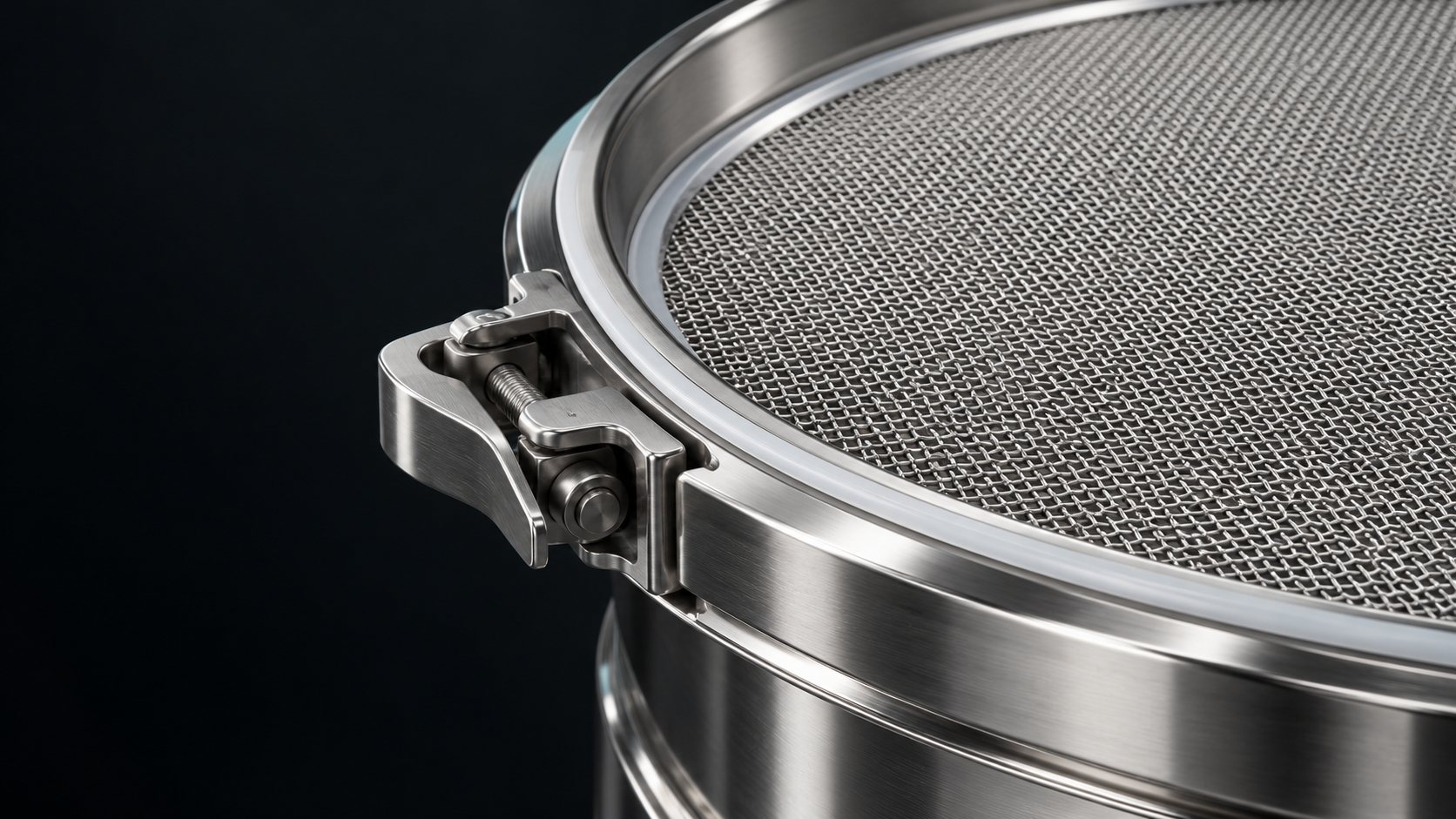 Woven stainless mesh tensioned in a quick-clamp ring — close-up